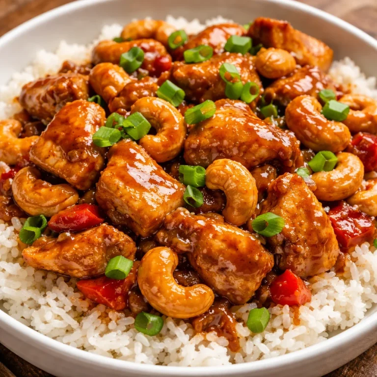 Delicious Crockpot Cashew Chicken served with rice and garnished with cashews.