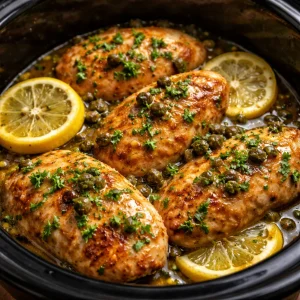 Crockpot Chicken Piccata with lemon and capers served on a plate