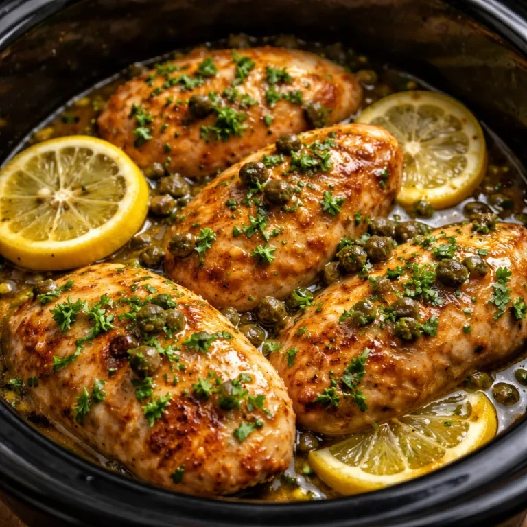 Crockpot Chicken Piccata with lemon and capers served on a plate