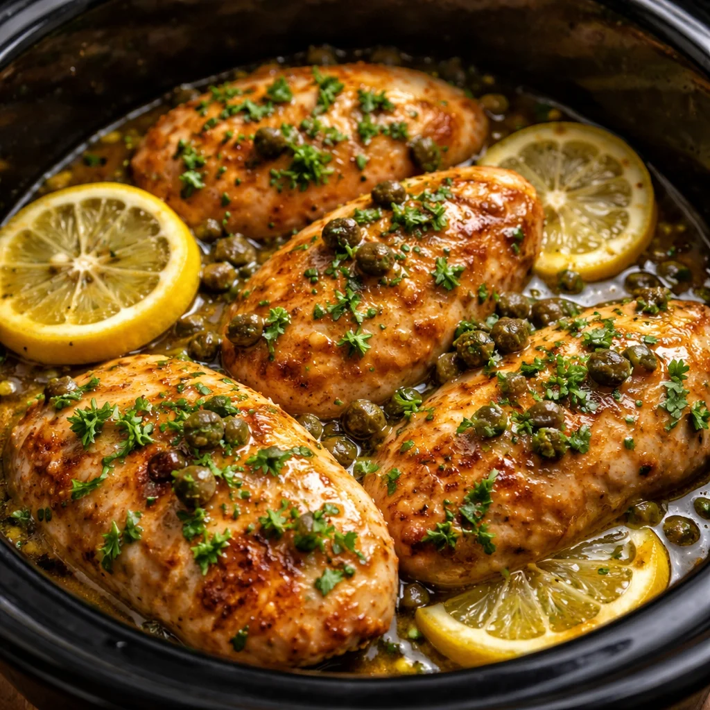 Crockpot Chicken Piccata with lemon and capers served on a plate