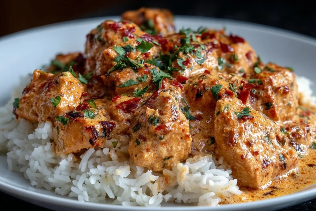 Bowl of Crockpot Coconut Curry Chicken with rice and vegetables