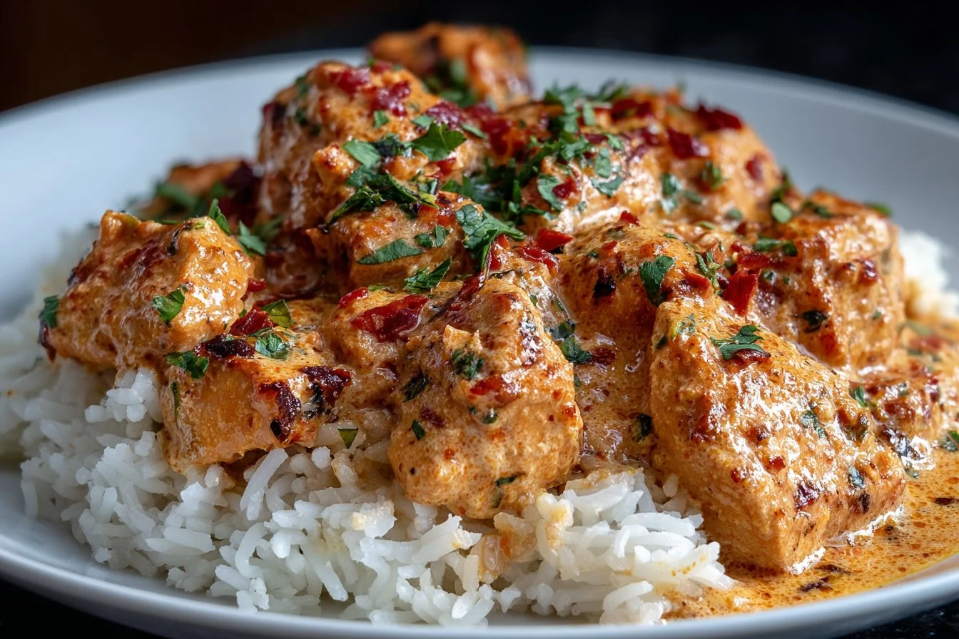 Bowl of Crockpot Coconut Curry Chicken with rice and vegetables
