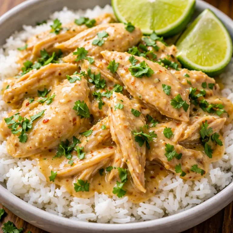 Delicious crockpot coconut lime chicken served in a bowl with fresh lime and cilantro