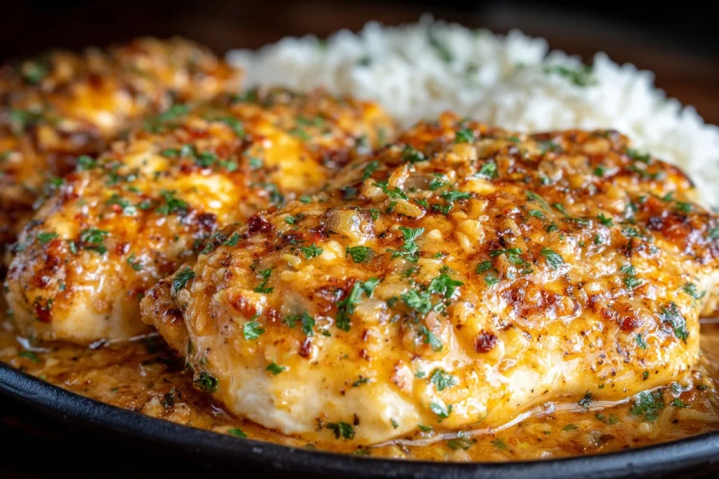 Delicious Crockpot French Onion Chicken served with melted cheese