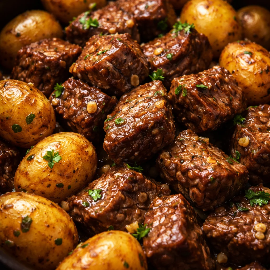 Crockpot garlic butter beef bites served with potatoes in a savory sauce