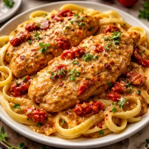 Delicious Crockpot Marry Me Chicken served on a plate with herbs.