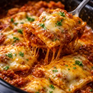 Crockpot Ravioli Lasagna with layers of cheese and marinara sauce