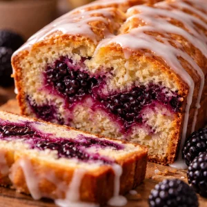 Moist blackberry loaf bread freshly baked on a wooden table.