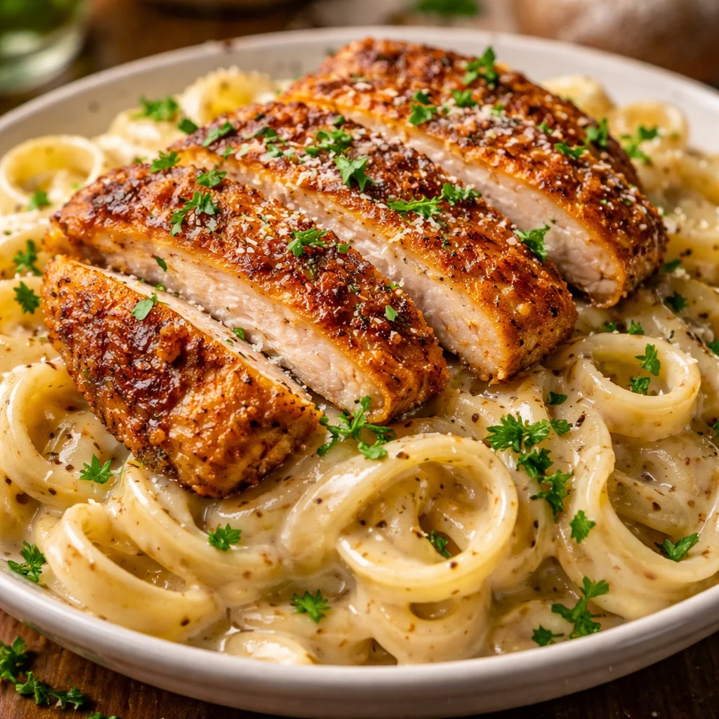 Delicious Crispy Chicken Alfredo served on a plate with fresh parsley garnish.