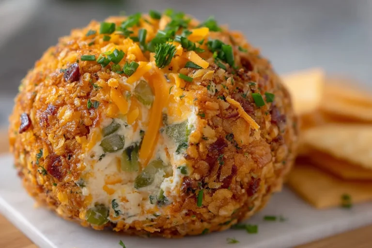 Dill Pickle Cheese Ball on a serving platter with dill pickles, crackers, and herbs.