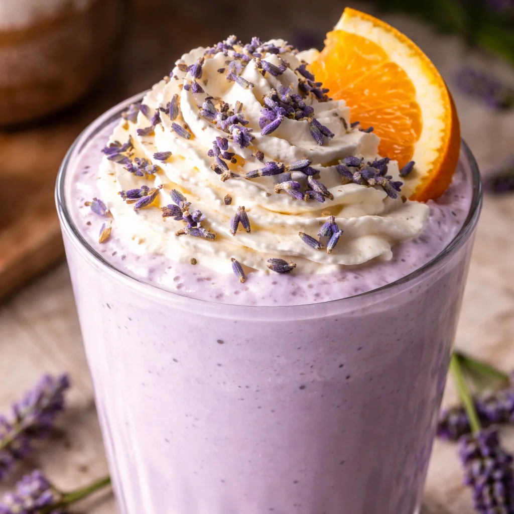 A refreshing Earl Grey Lavender Milkshake topped with lavender sprigs