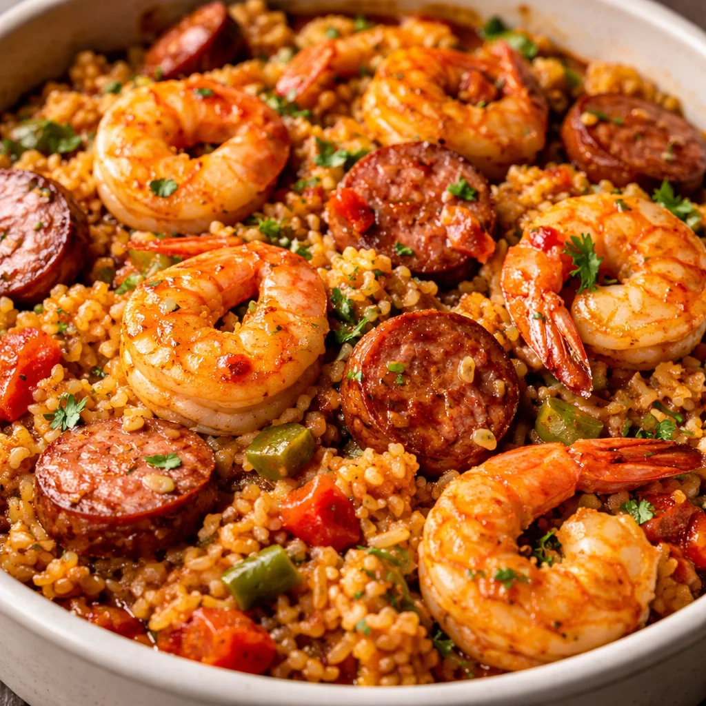 Delicious bowl of Easy Authentic Creole Jambalaya with seasoning and sausage