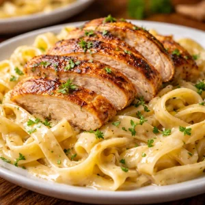 Delicious Easy Chicken Alfredo served with fettuccine and garnished with parsley.