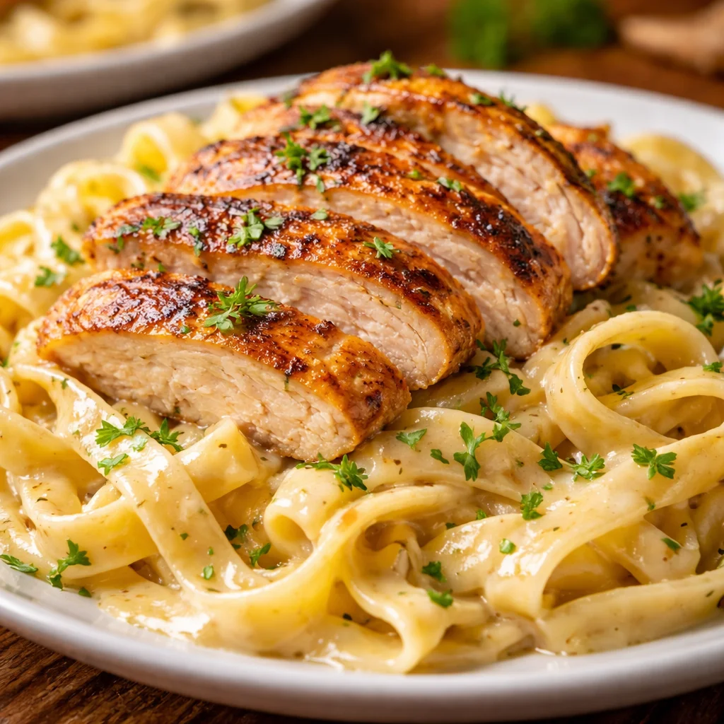 Delicious Easy Chicken Alfredo served with fettuccine and garnished with parsley.