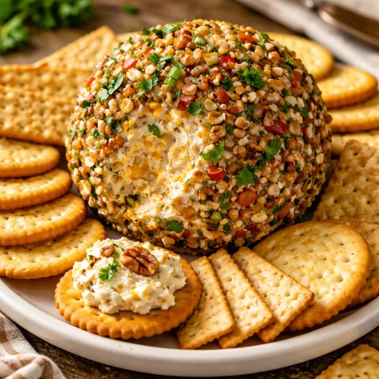 Easy classic cheese ball served with crackers and veggies