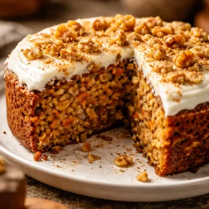 Delicious slice of flourless oatmeal carrot cake topped with cream and garnished.