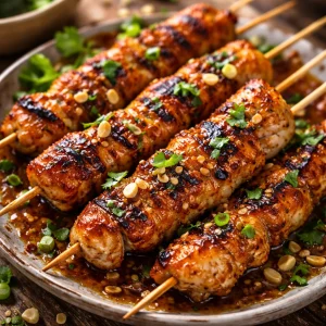 Easy grilled Asian chicken skewers with honey garlic sauce on a plate