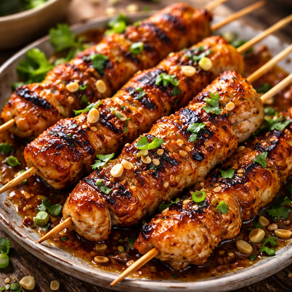 Easy grilled Asian chicken skewers with honey garlic sauce on a plate