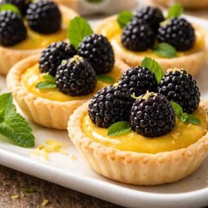 Easy lemon blackberry mini tarts served on a light wooden platter