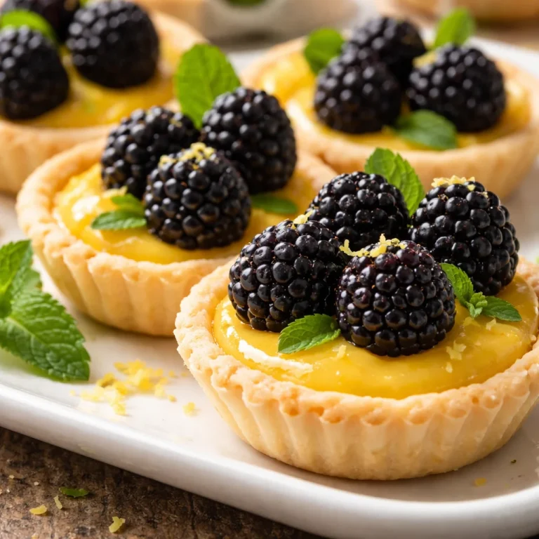 Easy lemon blackberry mini tarts served on a light wooden platter