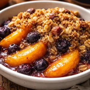Delicious easy peach blueberry crisp topped with golden oat crumble.