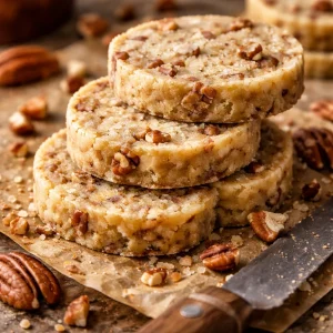 Sliced pecan sandies shortbread cookies on a wooden board