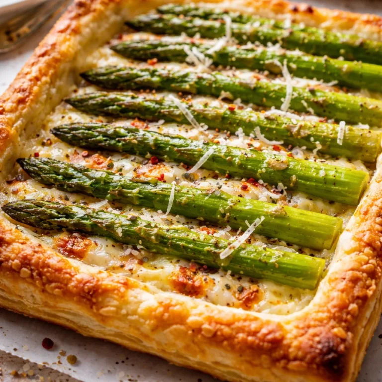 Delicious easy puff pastry asparagus tart topped with Gruyere cheese