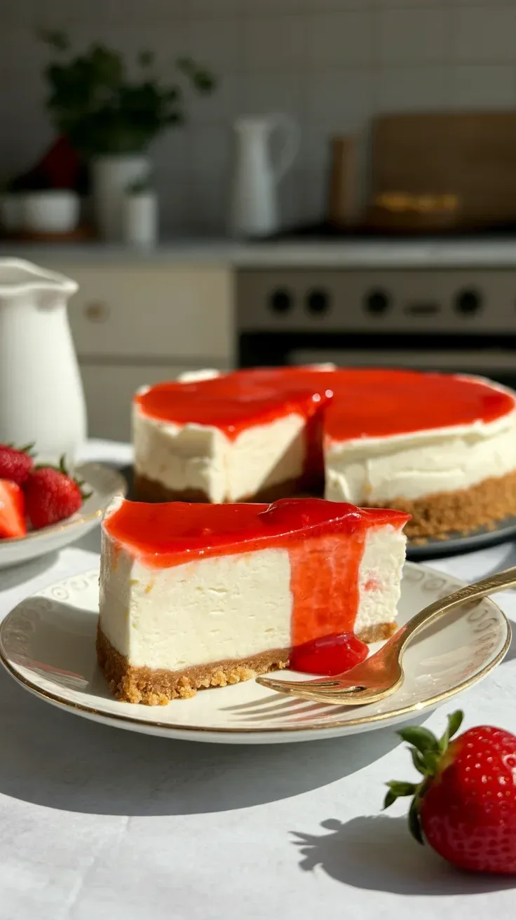 Creamy strawberry cheesecake with fresh roasted strawberry topping and graham crust.