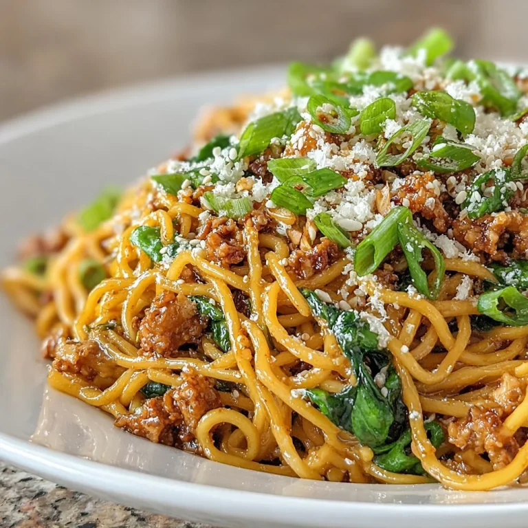 Plate of easy Szechuan noodles with spicy sauce and toppings