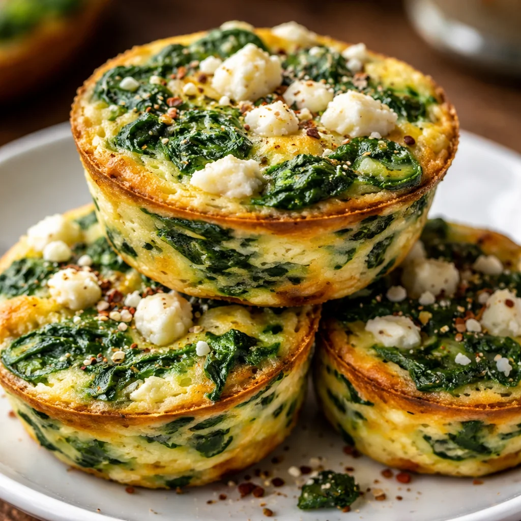 Egg muffins with spinach and feta served on a plate