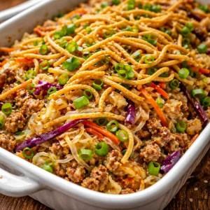 Delicious and colorful Egg Roll Casserole ready to serve