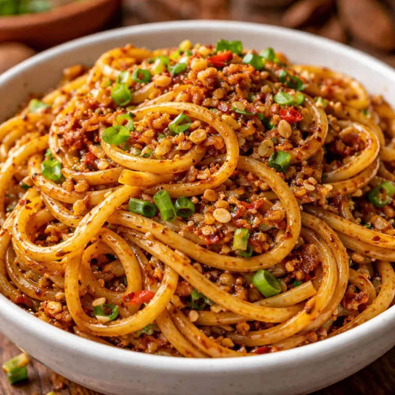 Plate of flavorful garlic chilli noodles garnished with fresh herbs
