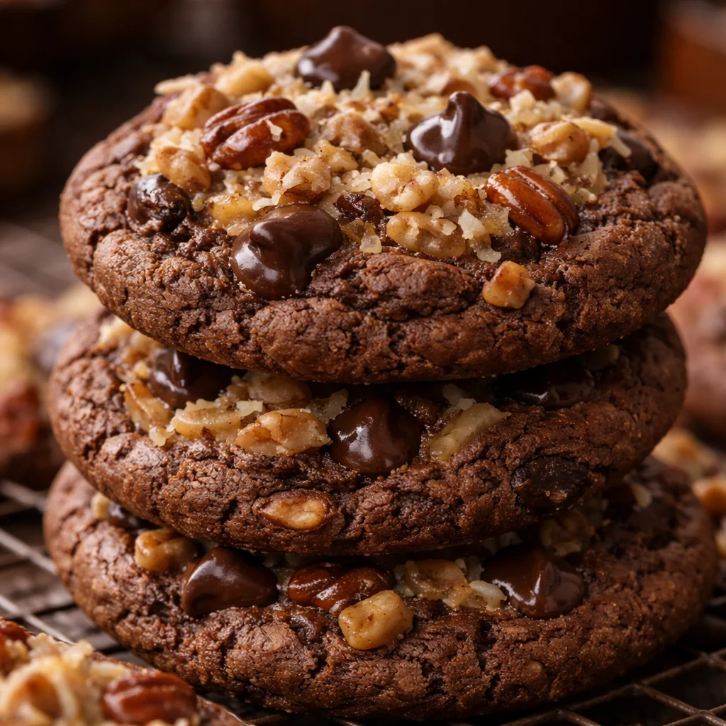 German Chocolate Cake Cookies with chocolate frosting and coconut topping