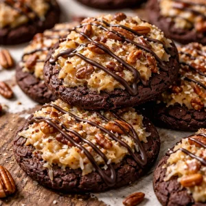 Delicious German Chocolate Cake Cookies with chocolate and coconut toppings