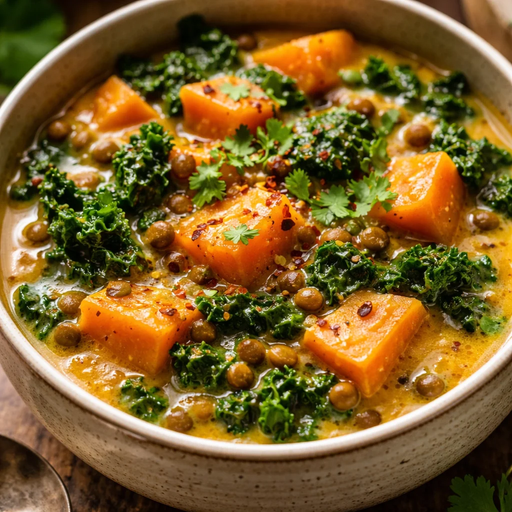 Gingered sweet potato and coconut milk stew in a bowl with fresh herbs