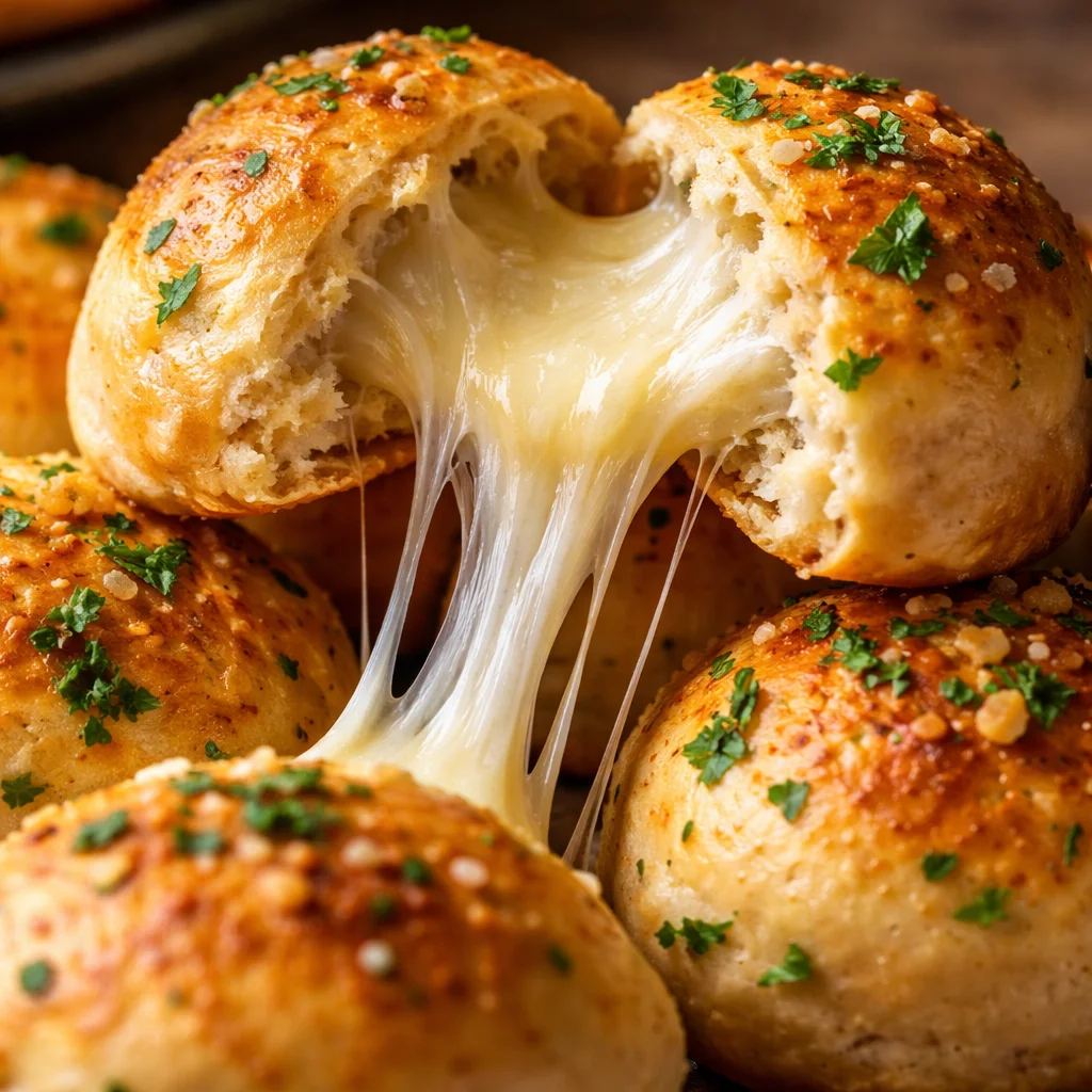 Delicious gooey mozzarella biscuit bombs freshly baked and ready to serve.