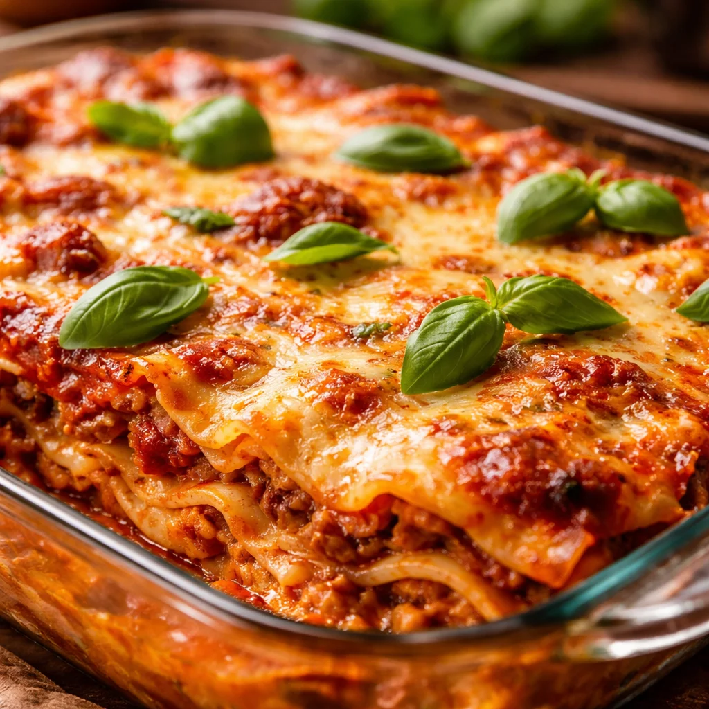 Gordon Ramsay's Classic Lasagna served in a dish with fresh herbs and cheese on top.