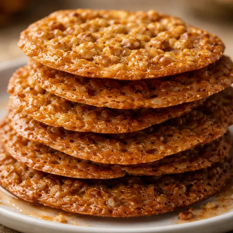 A plate of delicious Grandma's lace cookies with crispy edges and a chewy center.