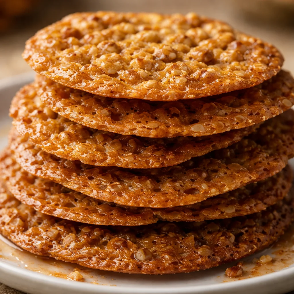 A plate of delicious Grandma's lace cookies with crispy edges and a chewy center.