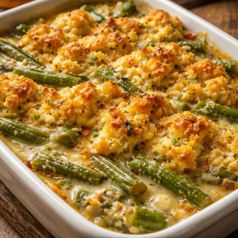 Green bean casserole topped with Cheddar Bay biscuit crumbles