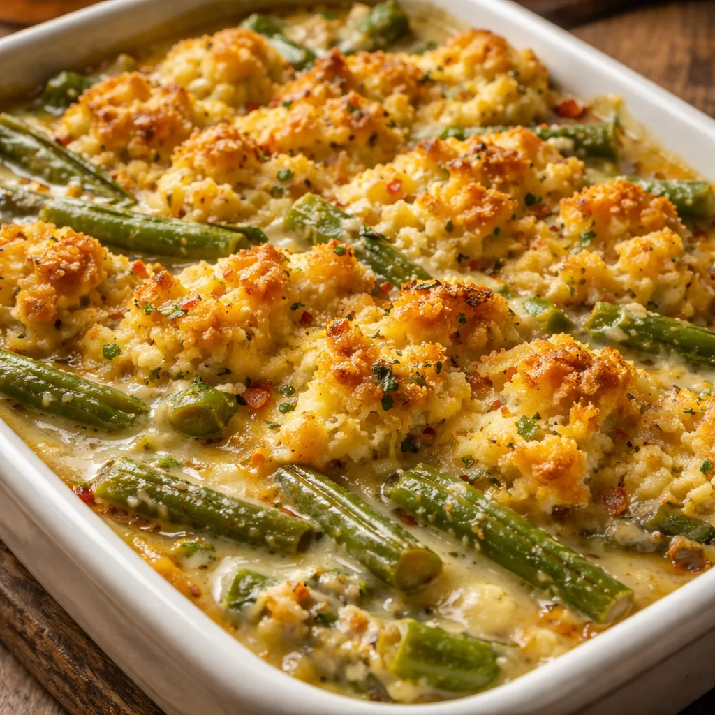 Green bean casserole topped with Cheddar Bay biscuit crumbles