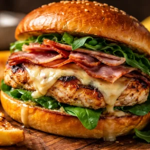 Grilled Chicken Cordon Bleu Sandwich with melted cheese and ham