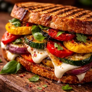 Grilled veggie mozzarella sandwiches with fresh vegetables and melted cheese
