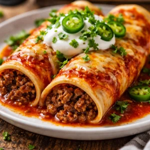 Delicious ground beef enchiladas topped with cheese and red sauce