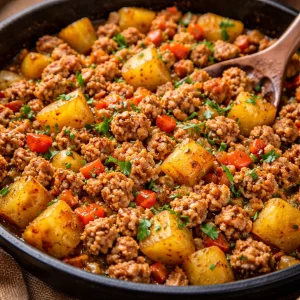 Ground Turkey and Potato Skillet in a cast-iron pan