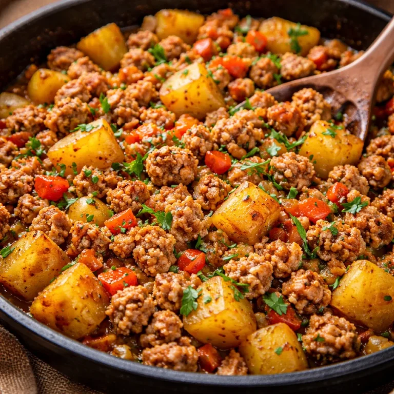 Ground Turkey and Potato Skillet in a cast-iron pan