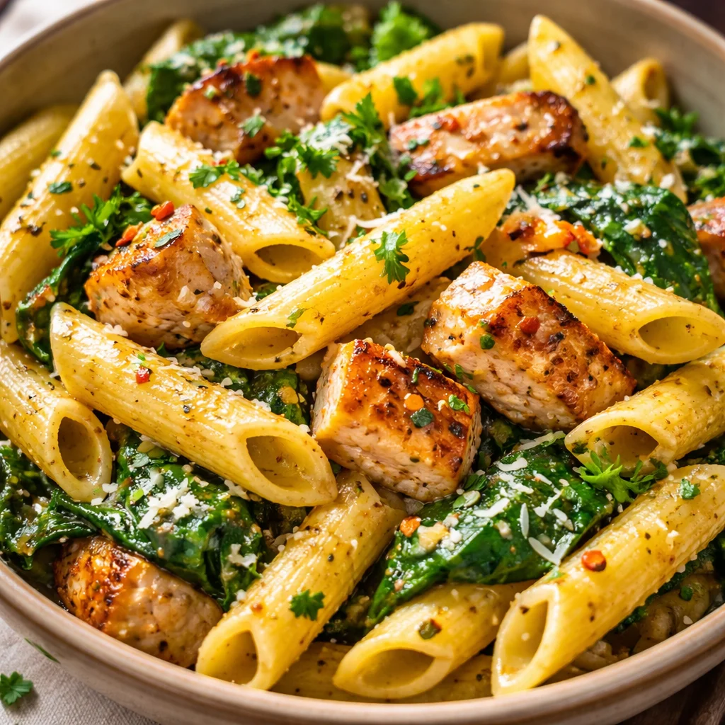 Healthy Garlic Parmesan Chicken Pasta served in a bowl with fresh herbs
