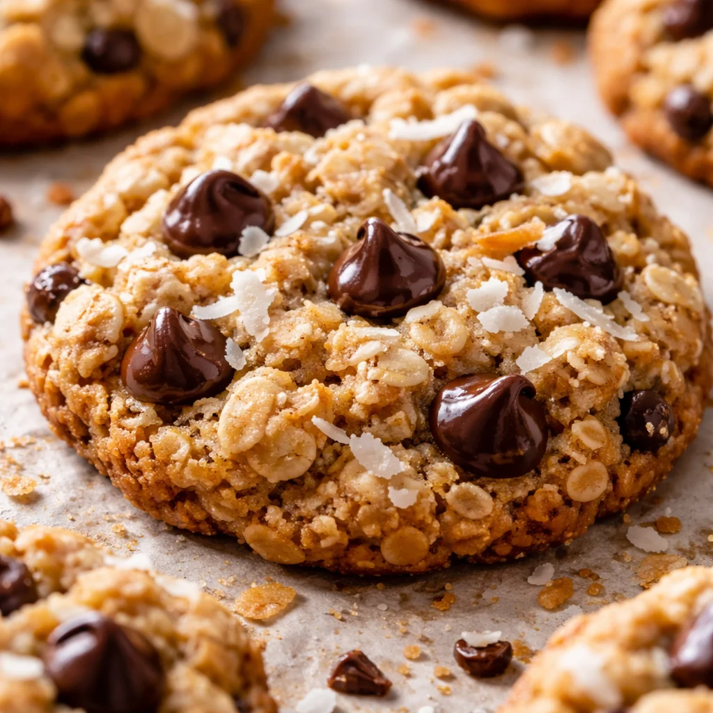 Healthy oatmeal coconut chocolate chip cookies on a wooden table