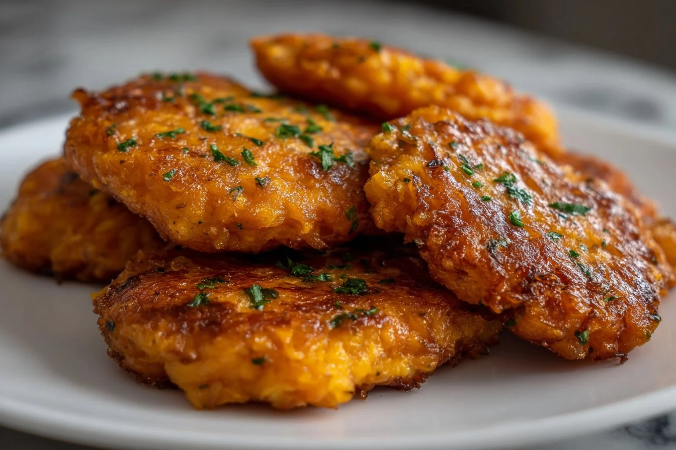 Healthy sweet potato hash browns served on a plate with herbs