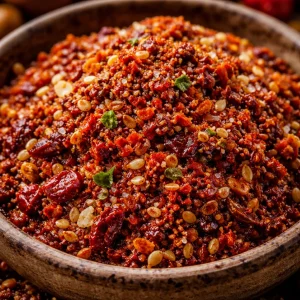 A jar of homemade birria seasoning with spices and herbs for flavorful dishes.